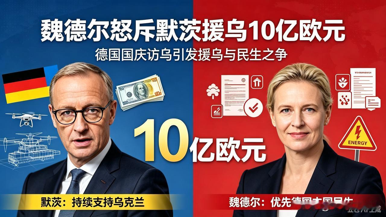 德国总理默茨前脚援乌10亿欧元，后面魏德尔就怒斥他，拿纳税人的钱援乌。

德国自
