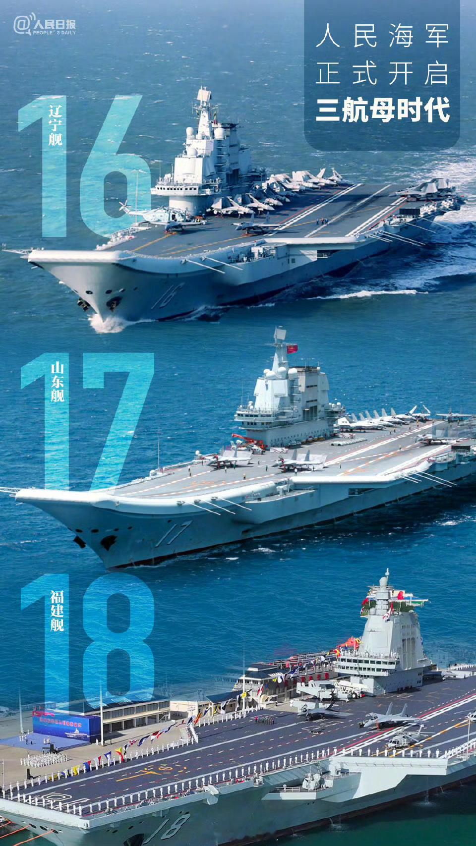 祝贺人民海军正式开启三航母时代！舷号161718我国首艘电磁弹射型航母入列 ​​