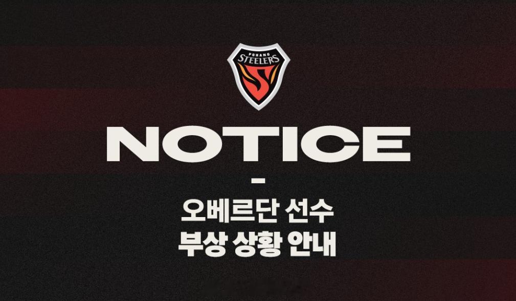 K联赛球队浦项铁人官方社媒账号发布公告称，球队中场核心奥贝尔丹在11月6日亚冠2