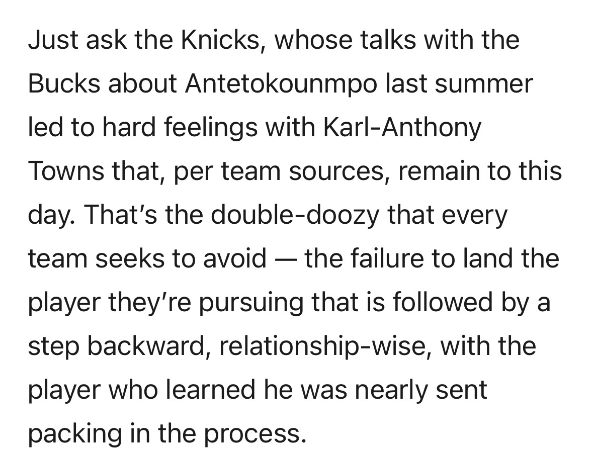 Sam Amick：尼克斯队在上赛季休赛期曾询问能否用唐斯交易得到字母哥，这一行