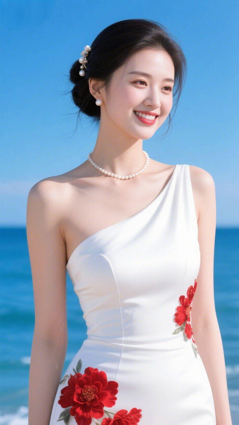 海风寄温柔
 
蓝得澄澈的海天一色里，一袭白裙揉进了海风的温柔。珍珠项链轻贴锁骨