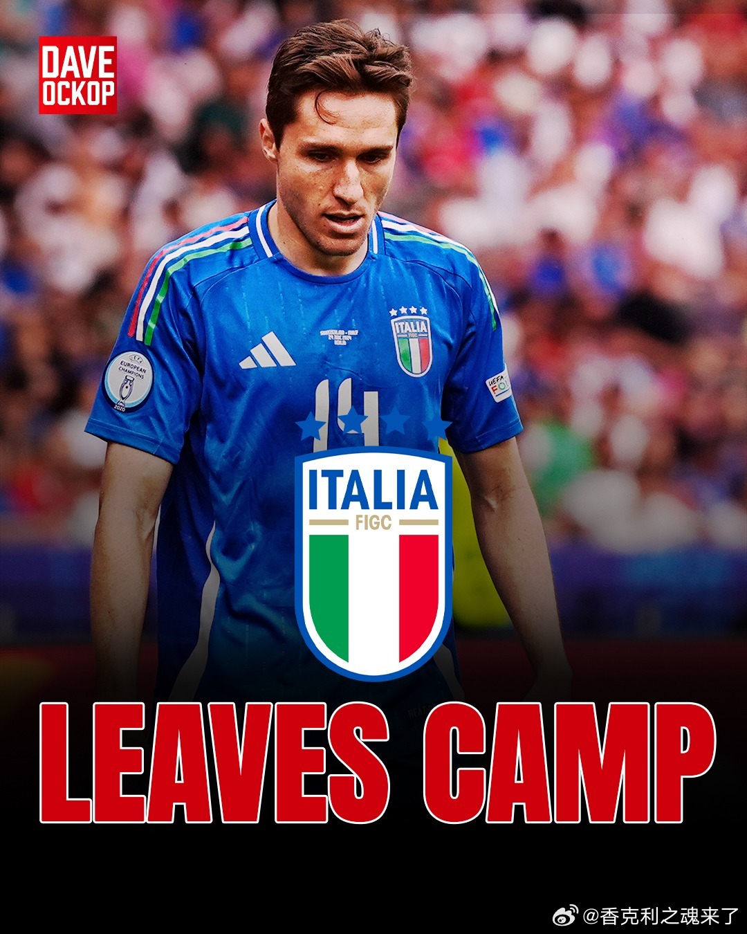 基耶萨在接受检查后离开意大利国家队集训营。意大利足协声明如下：“基耶萨在抵达联邦