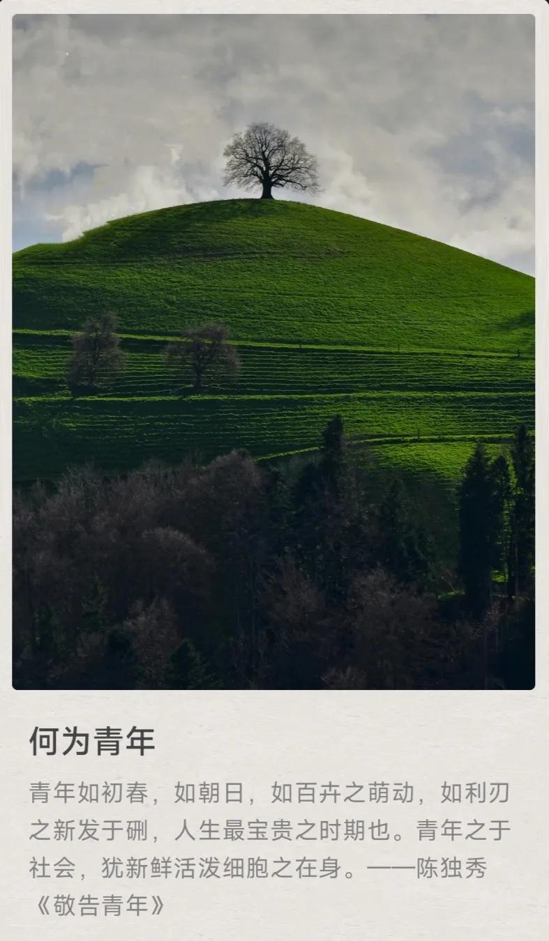 何为青年
青年如初春，如朝日，如百卉之萌动，如利刃之新发于硎，人生最宝贵之时期也