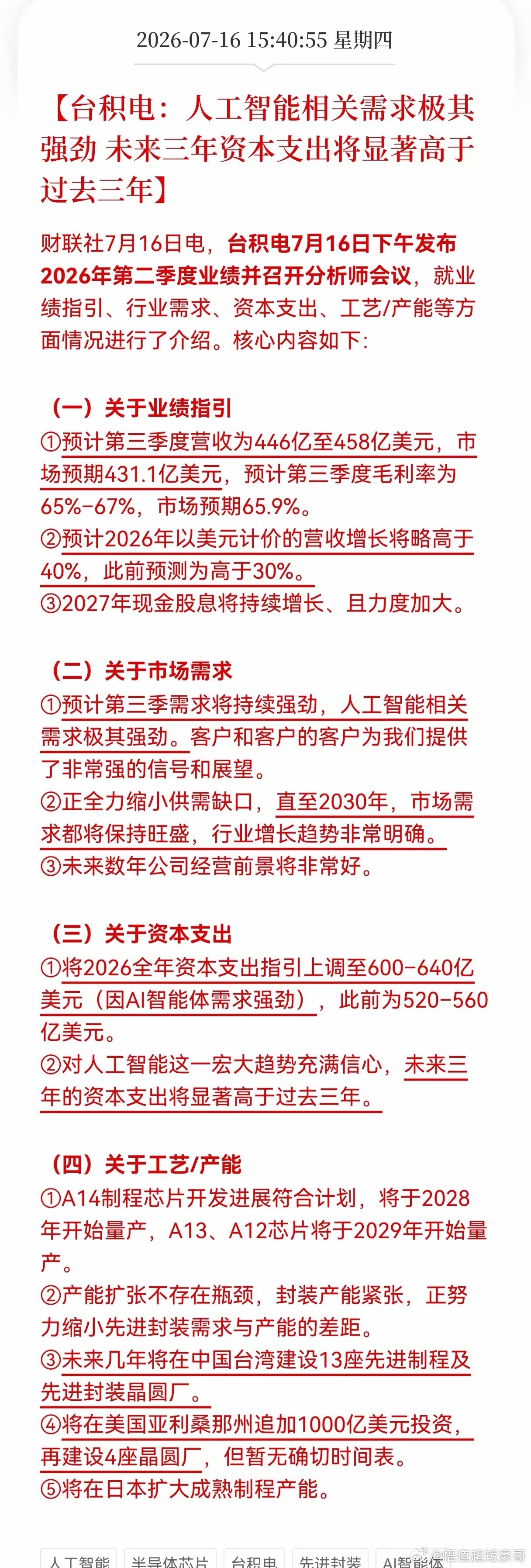 盘后半导体芯片又出利好！台积电：人工智能相关需求极其强劲，未来三年资本支出将显著
