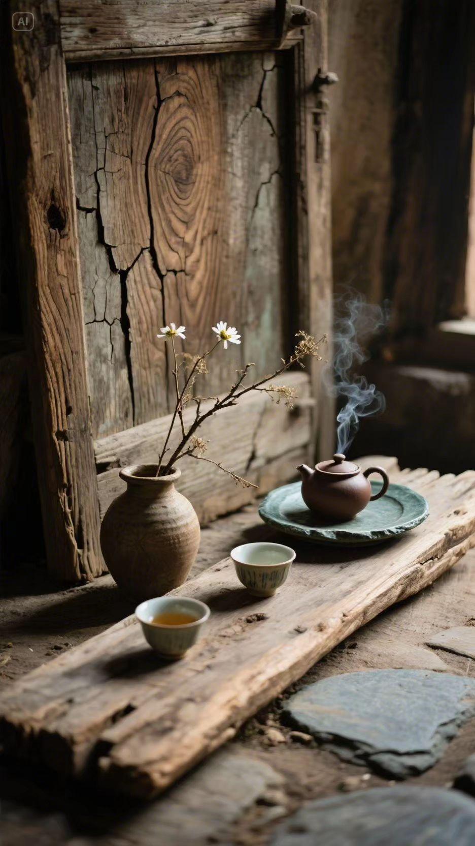 风化的老门板横卧于地，木纹如年轮般蜿蜒，裂痕里藏着几十年风雨的私语。青石为盘，粗