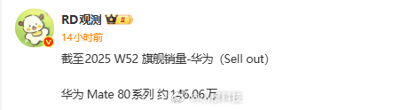 截止W52周，不知名第三方数据，华为Mate80系列国内市场激活量大概146万，