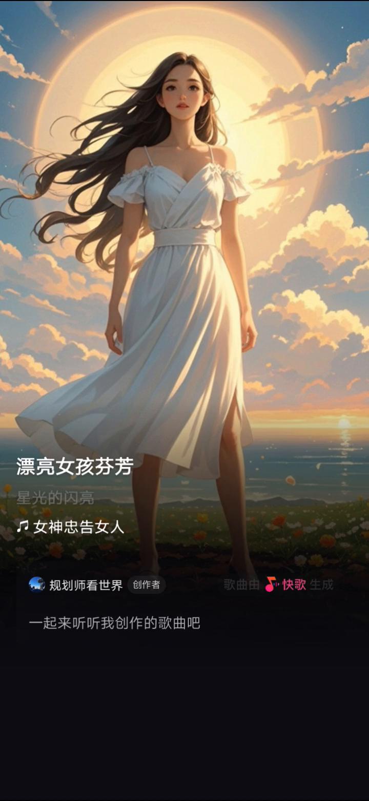 女神忠告女人快歌生成。
规划师看世界创作者。
一起来听听我创作的歌曲吧。
星光的