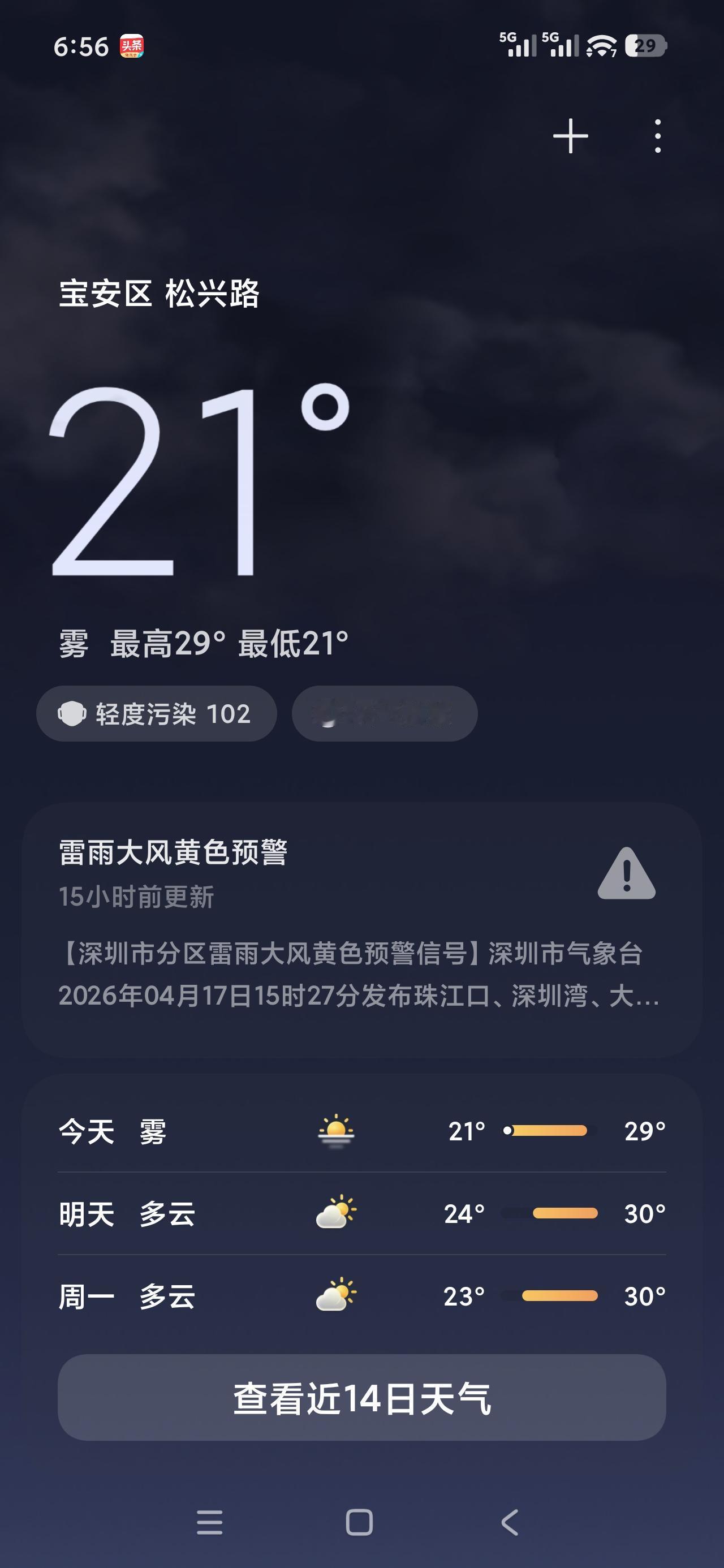 晒出你的本地生活晒下今日深圳的天气，深圳今日有雾，气温21度到29度，湿度89度