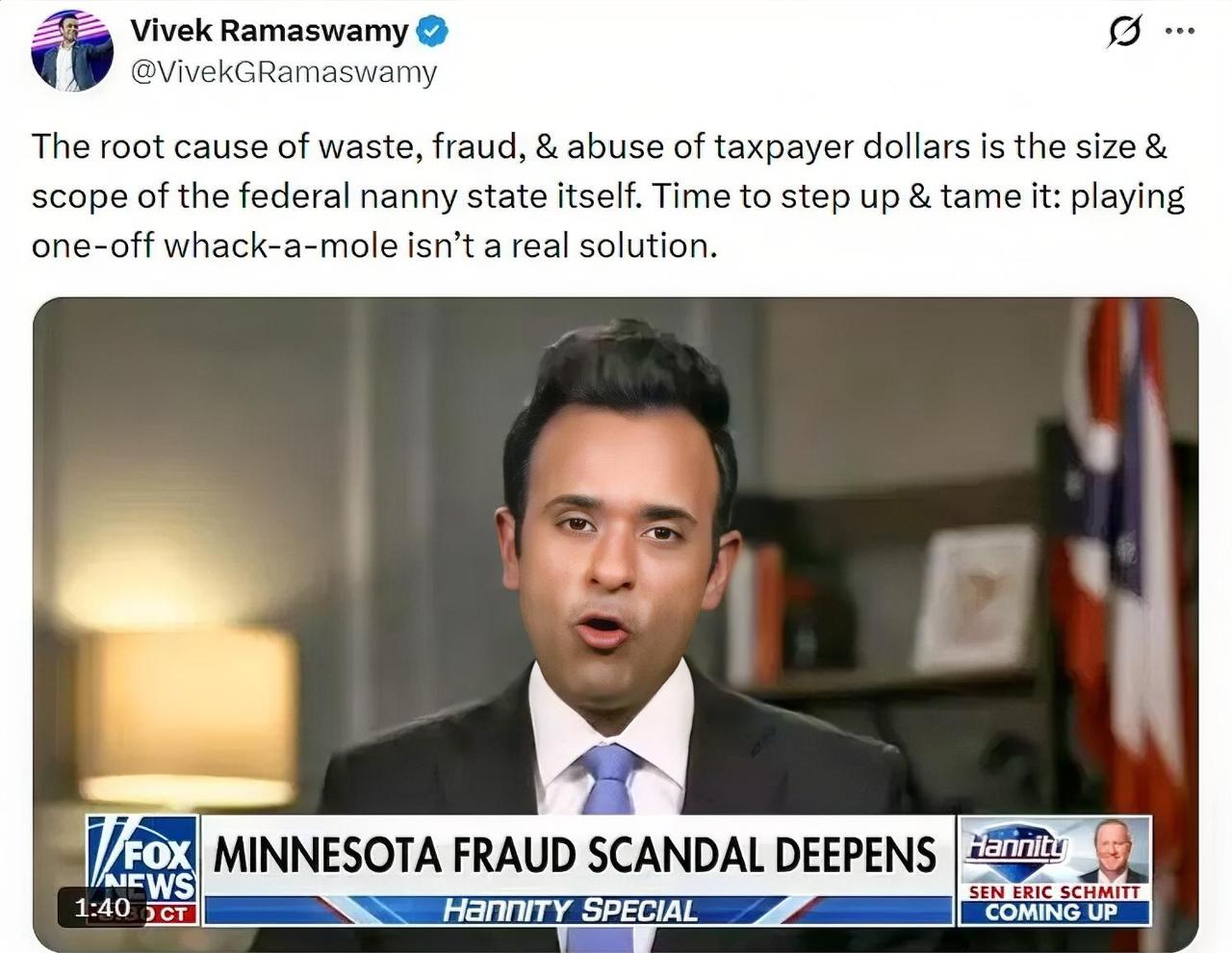 俄亥俄州州长候选人维韦克·拉马斯瓦米：

浪费、欺诈和滥用纳税人资金的根本原因在