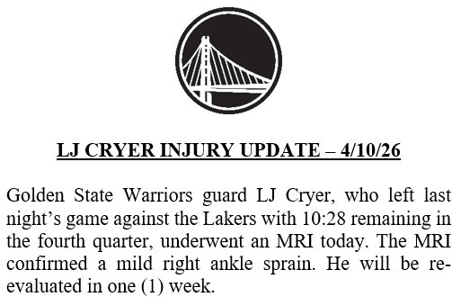 金州勇士后卫LJ-克莱尔今日他接受了核磁共振检查，结果确认其为右脚踝轻度扭伤。球