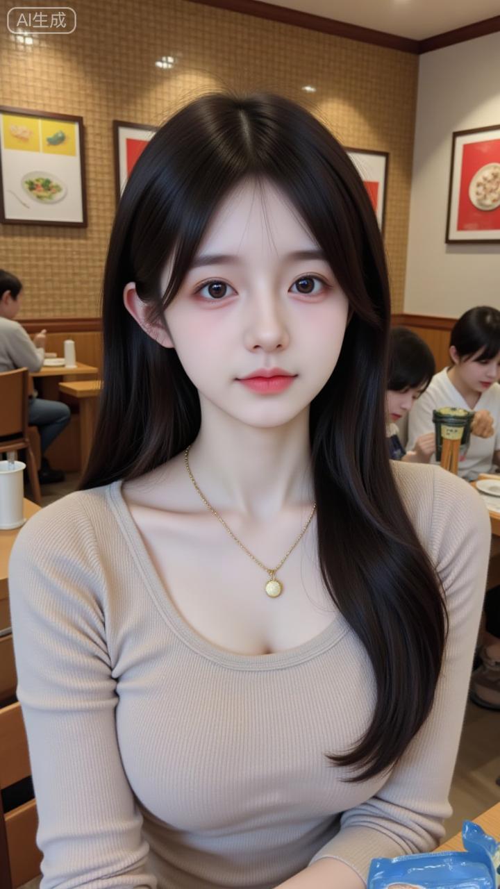 餐厅里的温柔系氧气美人
 
奶茶色针织衫衬得气质又柔又净，颈间细链添了点精致✨ 