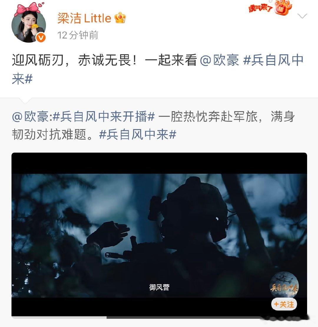 谭松韵为欧豪兵自风中来打call好多人为欧豪新剧打call风声起，戎装登场！谭松