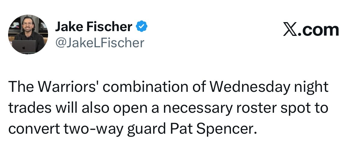 勇士一系列交易也将腾出一个必要的阵容名额，以便将双向后卫斯宾塞转为正式球员。 