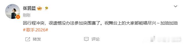 张碧晨无法参加歌手突围赛张碧晨因为档期问题缺席突围赛，虽然遗憾但来日方长，毕竟好