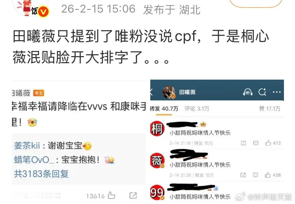 田曦薇只感谢唯粉不很正常吗，带上cpf才奇怪吧 