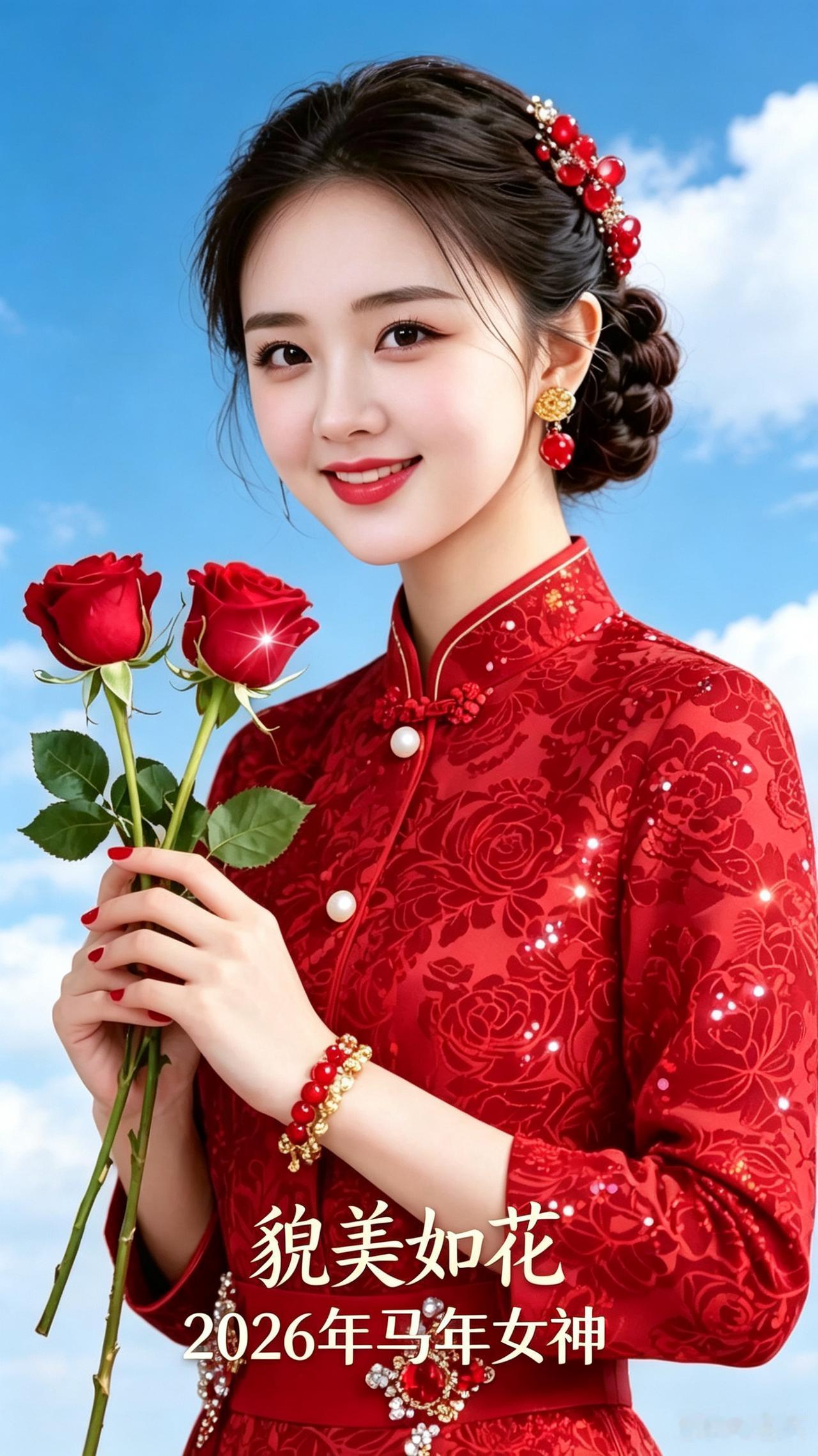 一身红装明艳大方，手捧玫瑰笑容温柔动人，模样漂亮又喜庆，妥妥的马年好看女神，真称