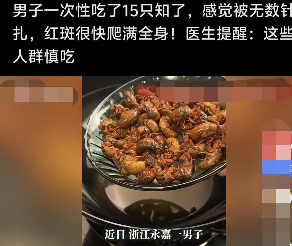真是没有想到，浙江省永嘉市，一男子一次性吃了15只知了，感觉被无数针扎，全身爬满