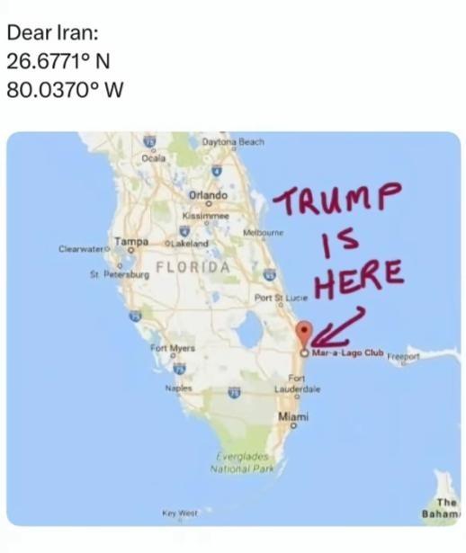 真的“笑不活”了！伊朗不需要任何卫星了，外国网友在特推上给伊朗发了特朗普的定位，