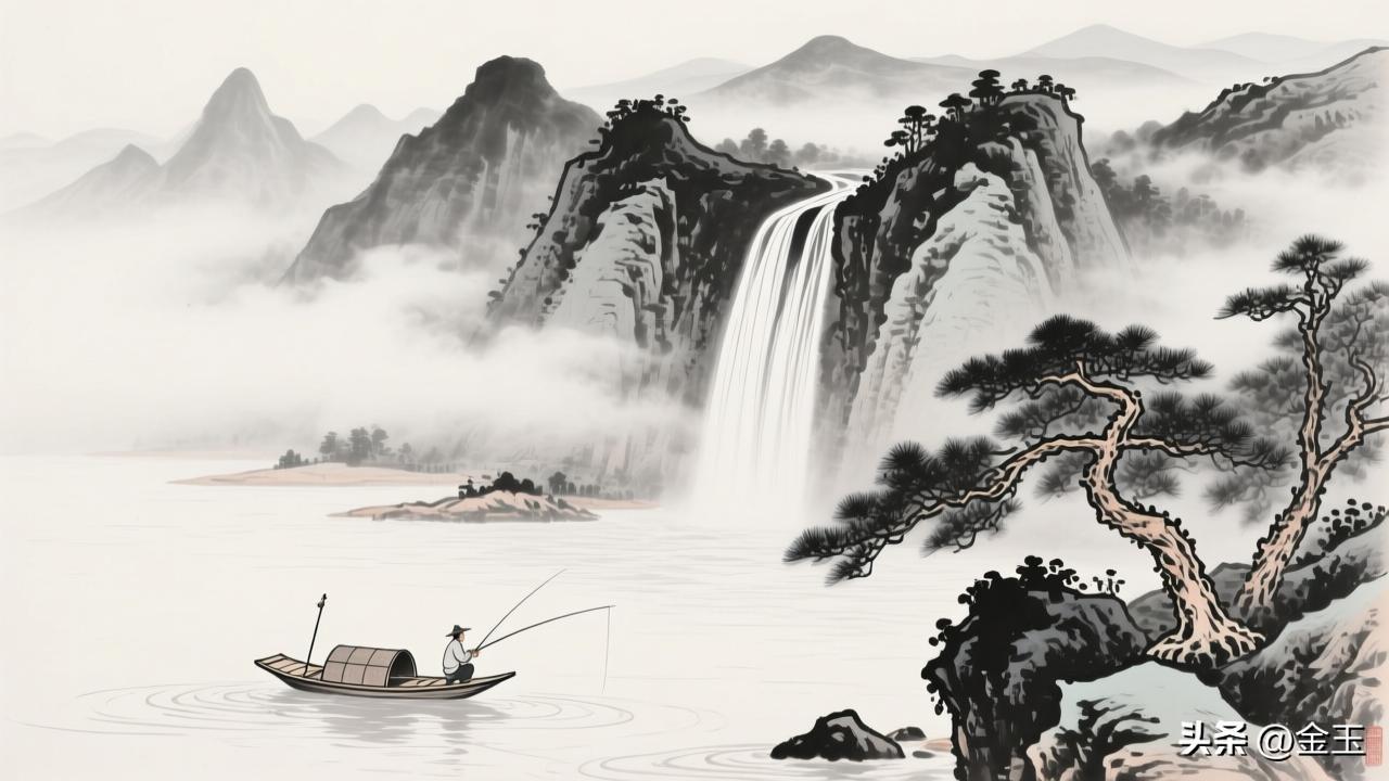 这幅画以传统水墨技法呈现：远山云雾缭绕，瀑布飞泻而下，一叶孤舟上渔翁独钓，苍松点