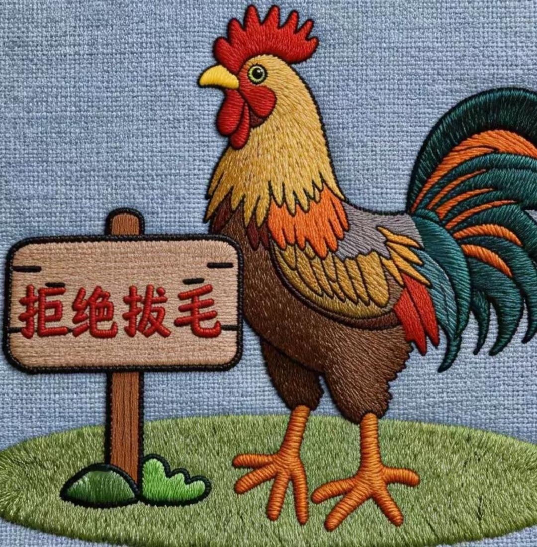 一只公鸡立着“拒绝拔毛”牌子。这是什么意思呢？有点儿难度，这个词语是什么呢？