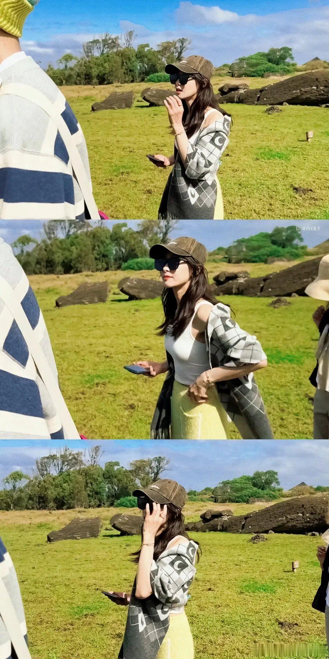 宋茜花少路透今天复活节岛路人拍的视频截图，这姐可真会穿 ​​​