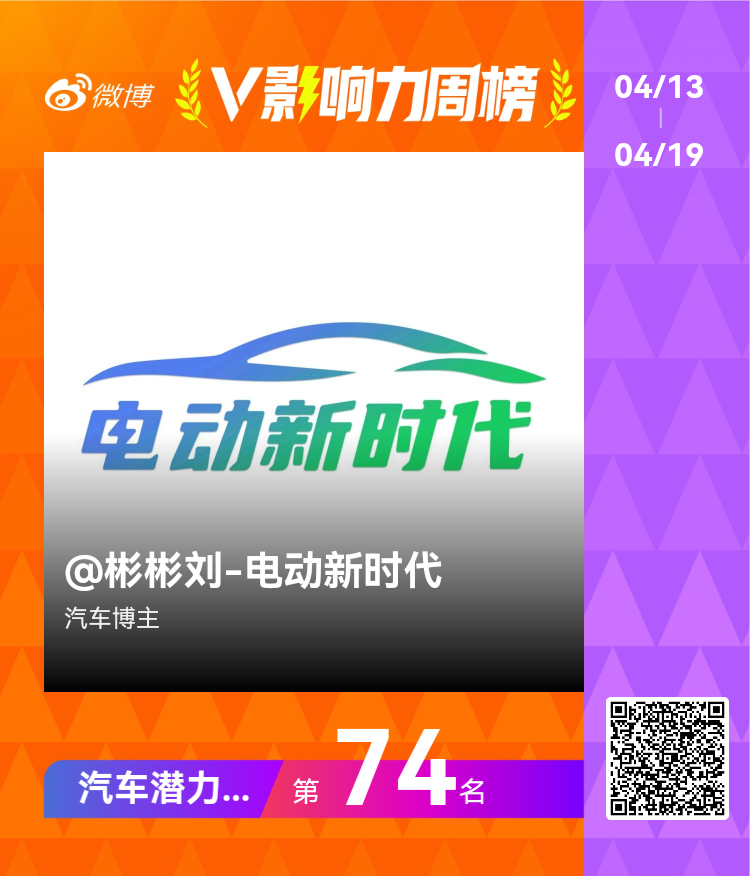 【V影响力榜  2026年第16周】「汽车潜力周榜」揭榜啦！恭喜获得榜单前三名。