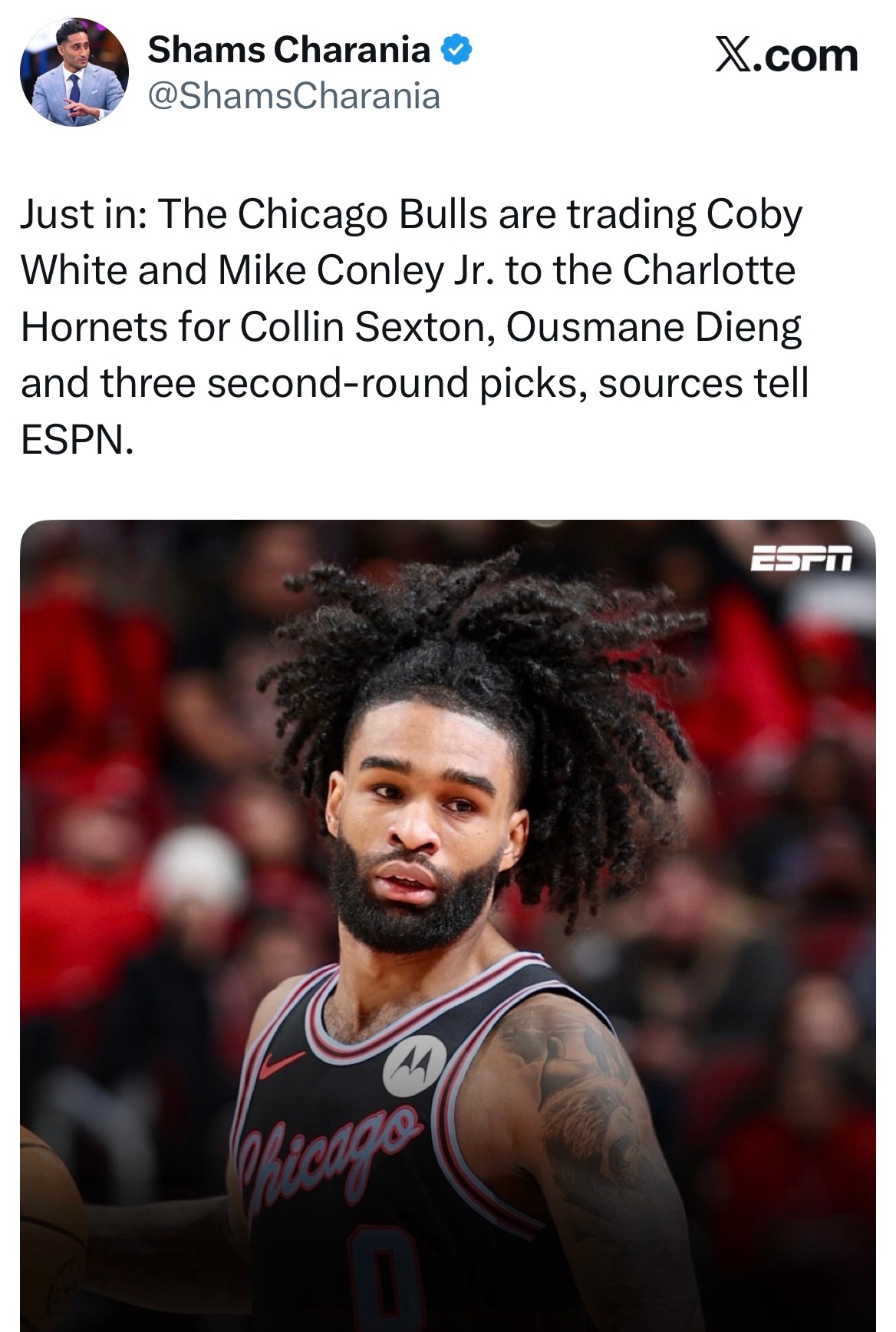 Shams：芝加哥公牛队将科比-怀特与康利交易至夏洛特黄蜂队，换取塞克斯顿、迪昂