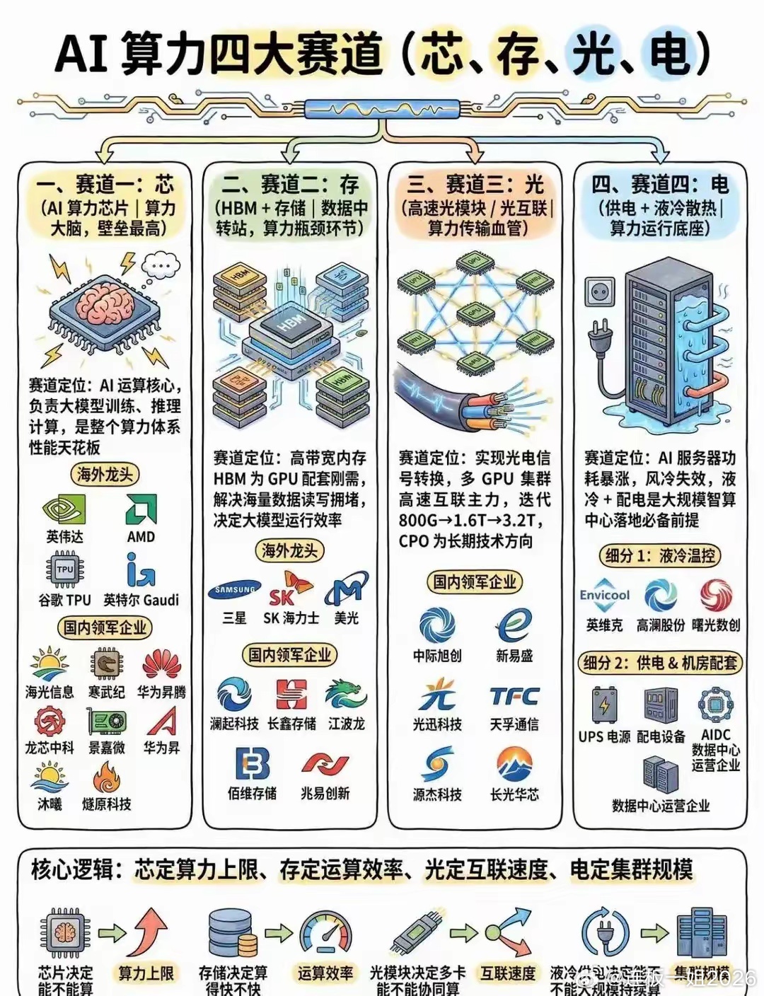 AI 算力四大核心赛道一次吃透做科技主线一定要看懂 AI 算力底层四大赛道：芯、