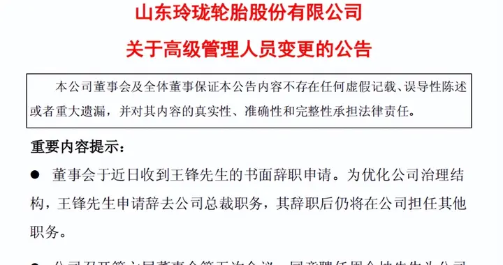 玲珑轮胎董事长王锋辞任总裁，周令坤接任