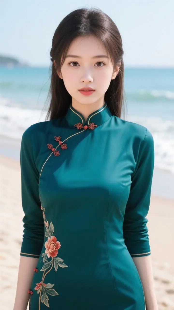 海边少女，青花旗袍，惊艳一瞥
