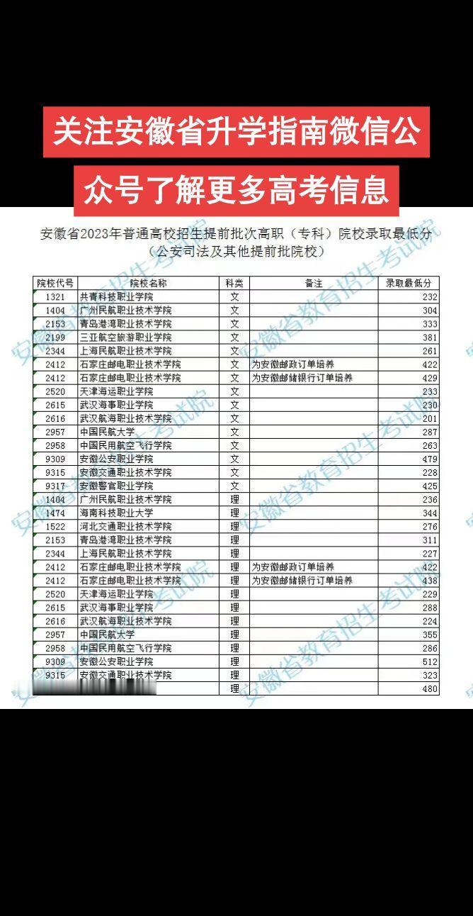 安徽省2023年普通高校招生提前批次高职（专科）院校录取最低分（公安司法及其他提