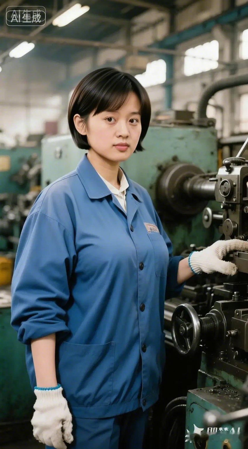 工厂里的小姐姐穿着工作服。