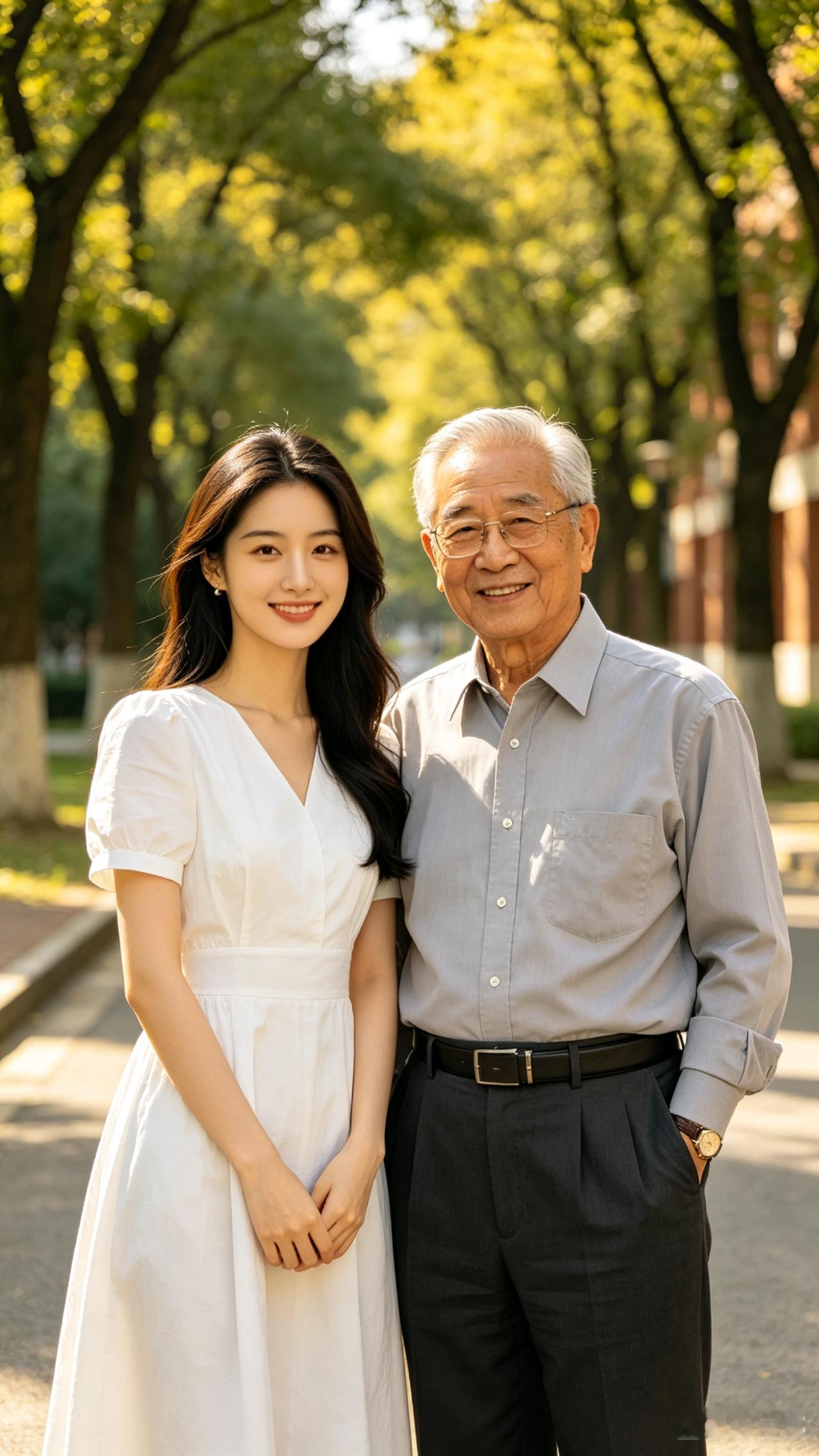 他俩究竟是什么关系，是祖孙，还是夫妻，我们心里有数。幸福的时光在绿意葱茏的校园中