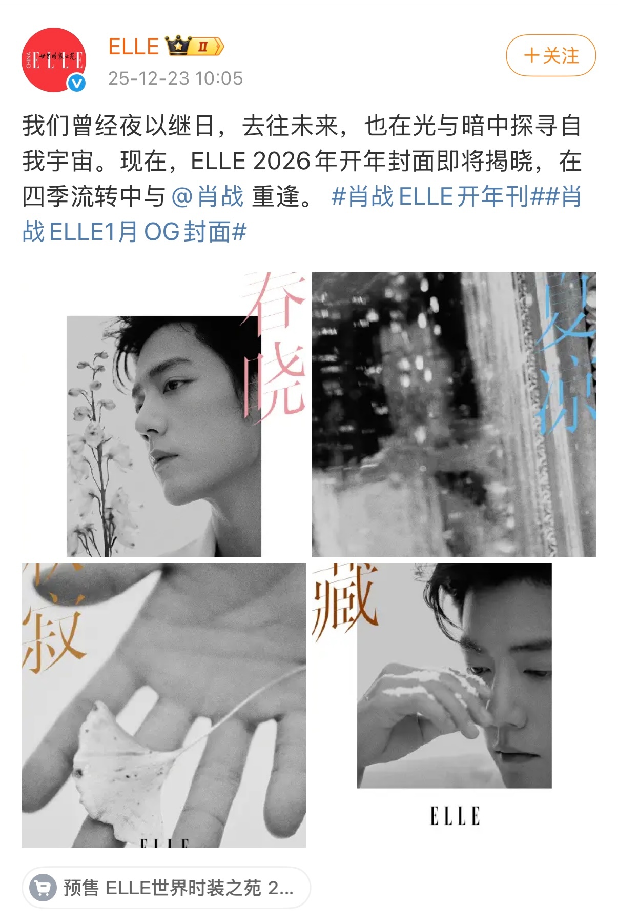 肖战ELLE1月OG封面恭喜肖战elle2026开年刊正式预热，“春晓，夏凉，秋