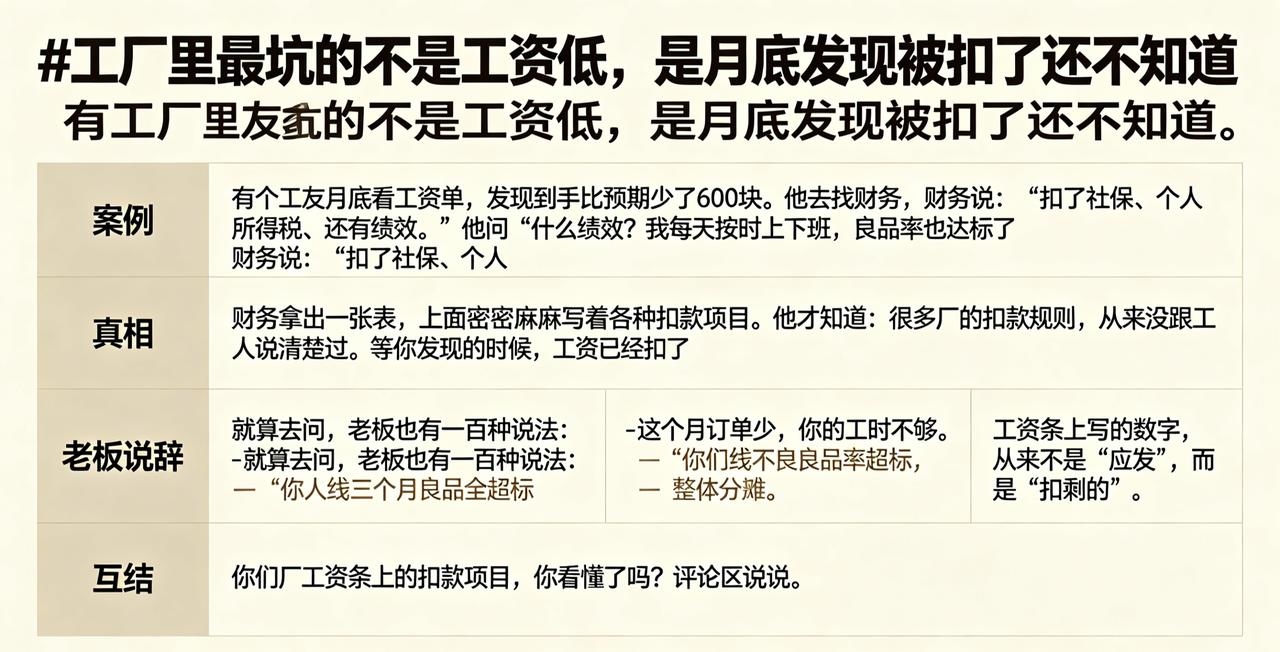 工厂里最坑的不是工资低，是月底发现被扣了还不知道
有个工友月底看工资单，发现到手