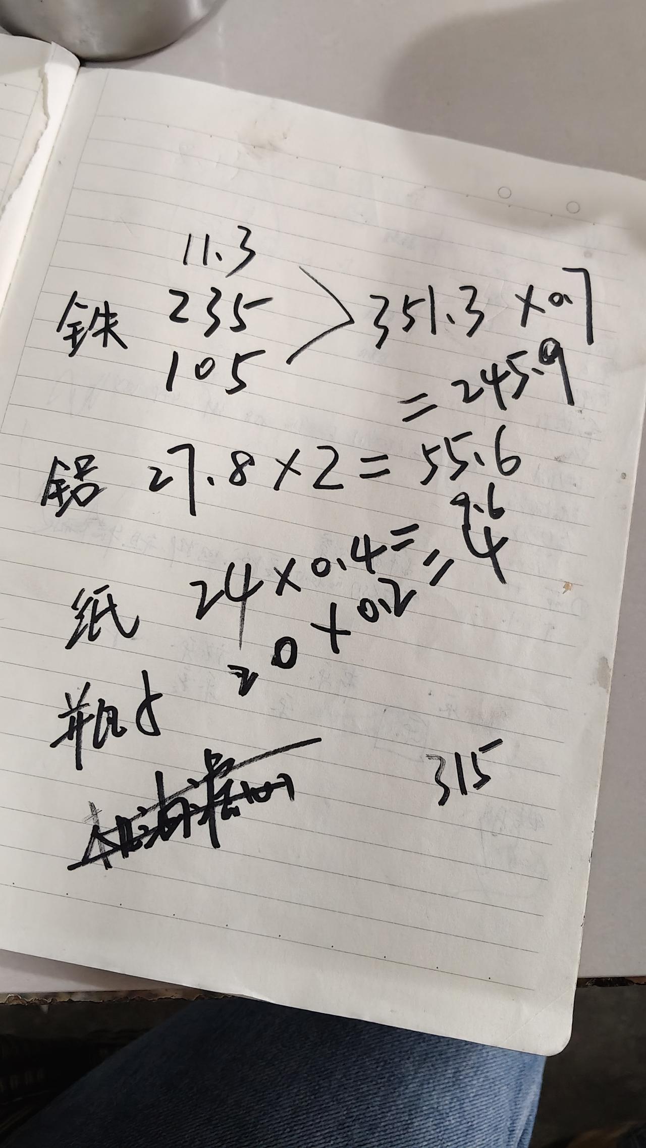 攒了一年的废品，废铁351斤，7毛钱1斤，246块钱；铝27斤，2块钱1斤，55