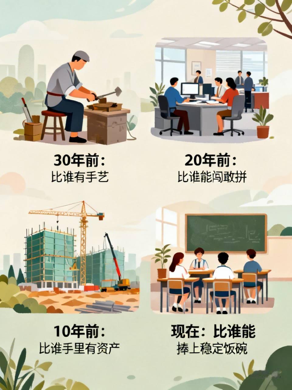 30年前，比拼的是谁身怀手艺；20年前，较量的是谁能闯敢拼；10年前，衡量的是谁