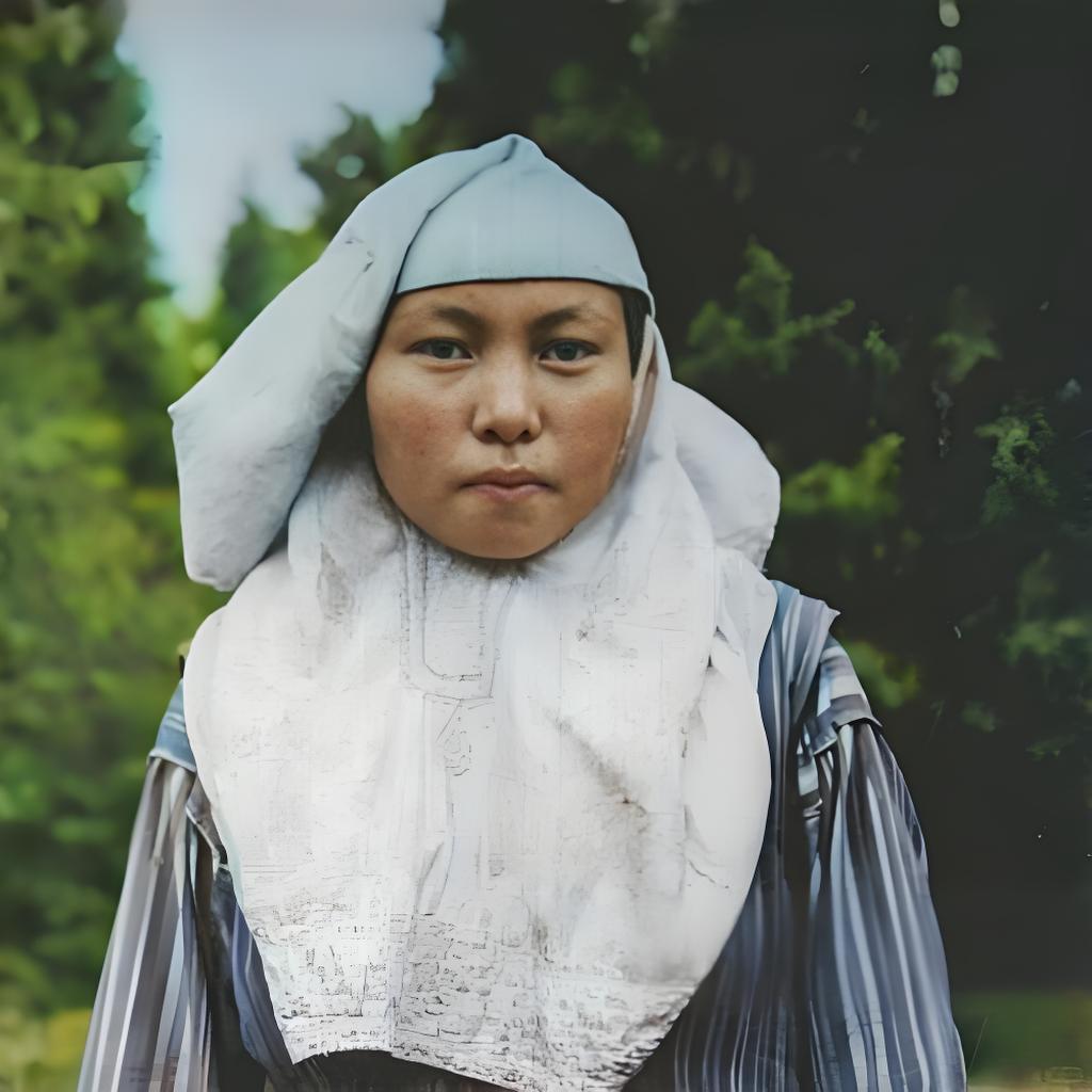 1943年的新疆，一位哈萨克族妇女留下了这张影像。她头戴传统头巾，服饰带着民族特
