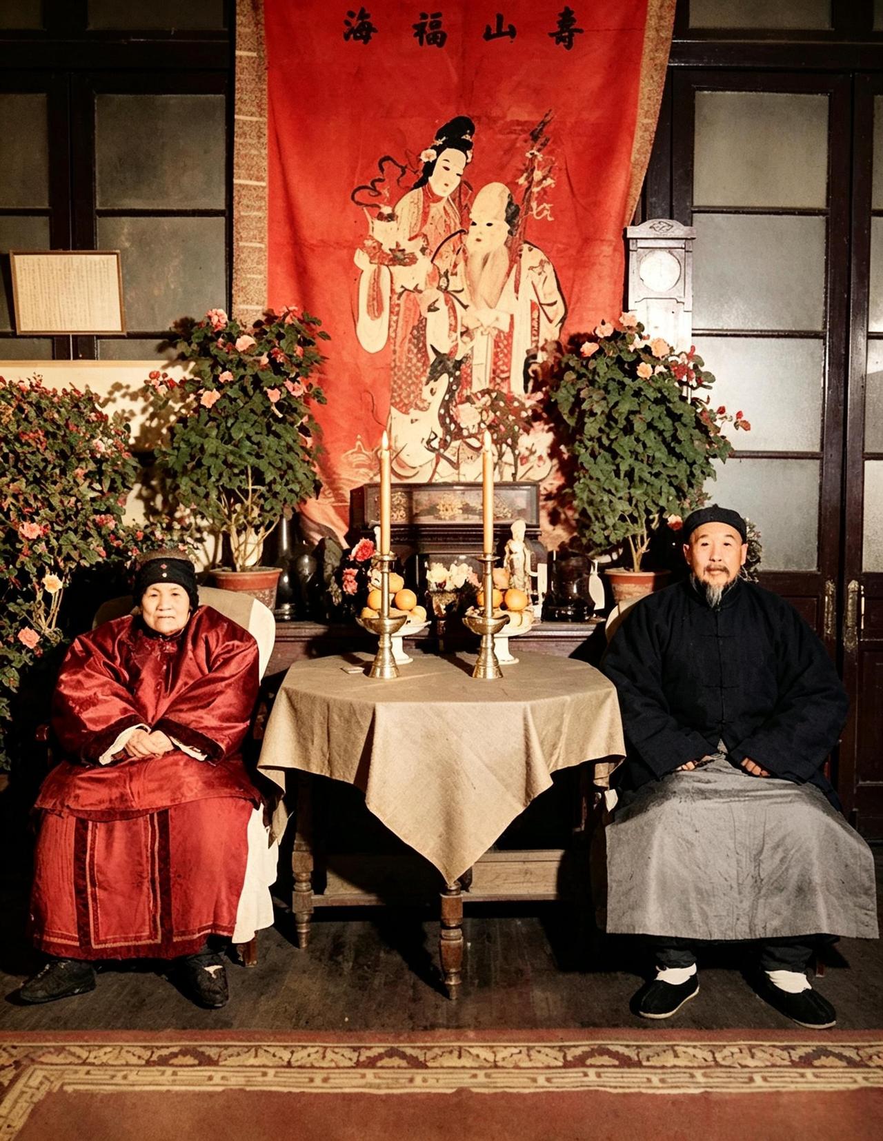 这是北方工业之父周学熙与夫人刘温卿过大寿时的场景。虽然，周家家财万贯，但过寿时场