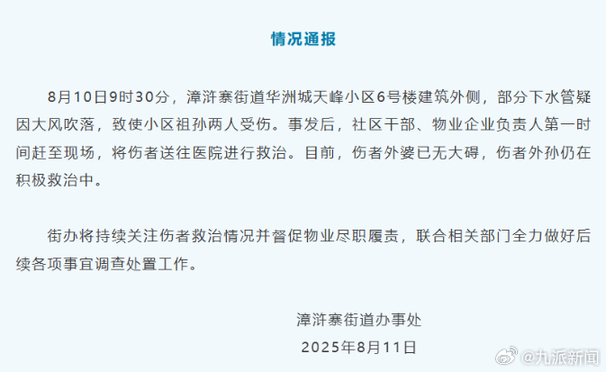 #水管高空脱落致祖孙俩人受伤#【#官方通报水管高空脱落砸中婴儿车#：致使祖孙两人