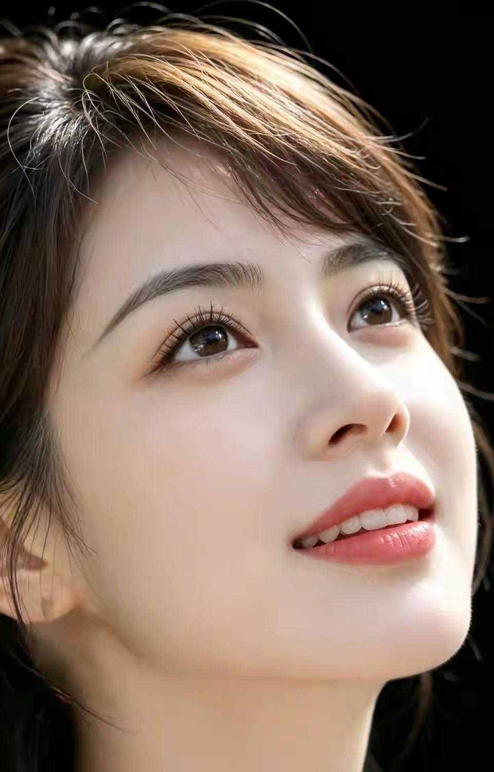 眉清目秀，明眸皓齿，一笑眉眼生辉，笑容满面间尽显温婉动人的绝代风姿。