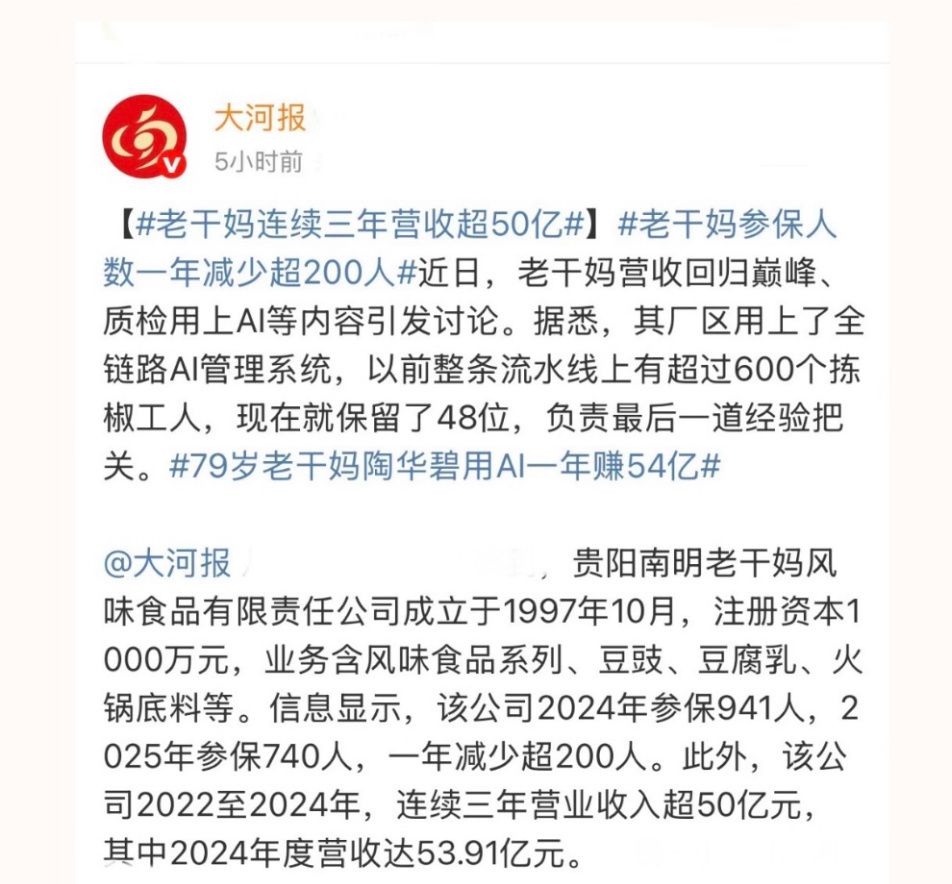 老干妈质检工序用上AI后，参保人数一年减少超200人。据媒体报道，老干妈通过AI