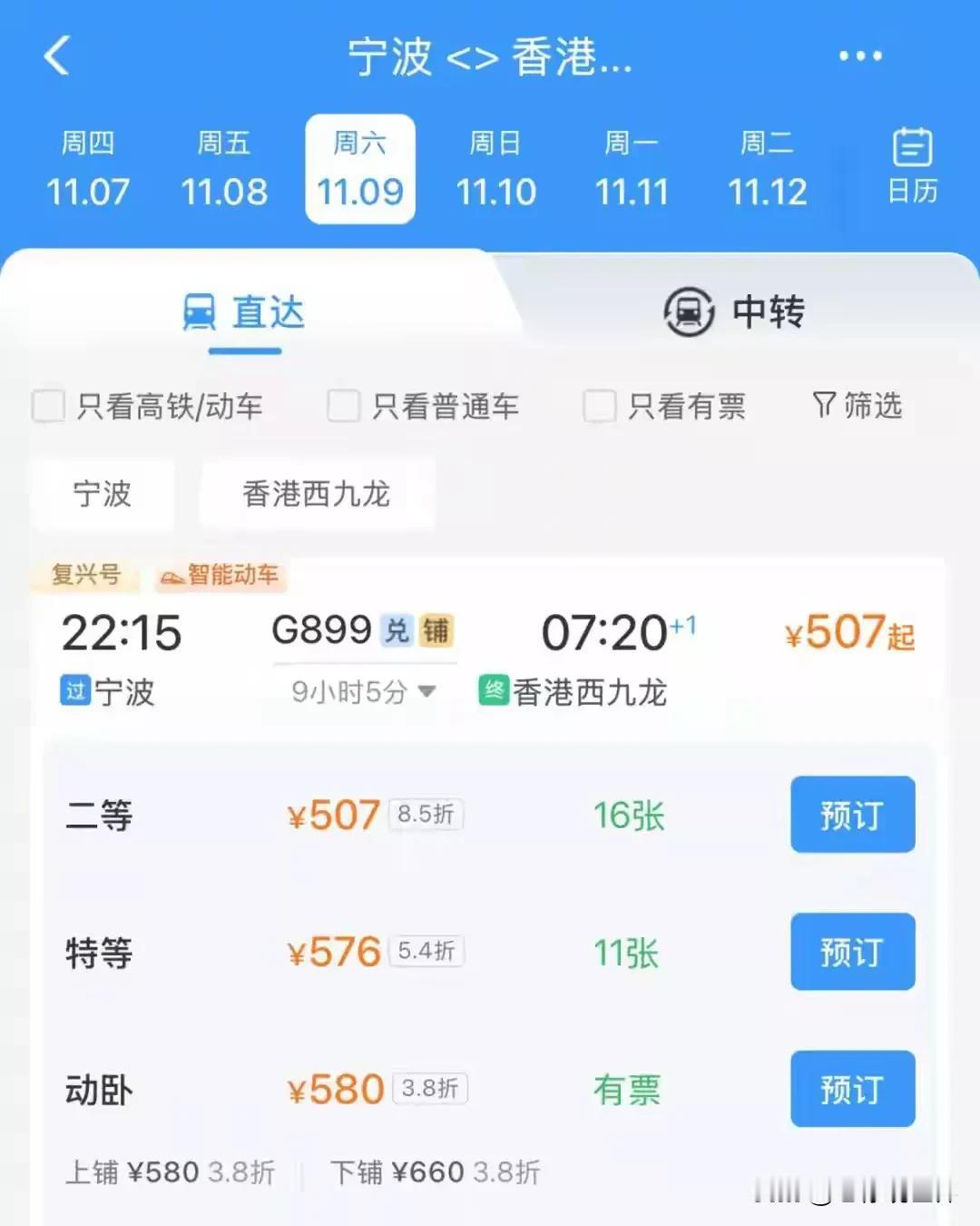  宁波-香港西九龙，高铁卧铺性价比太高了吧，打完折最低竟然只要五百多块。

睡一