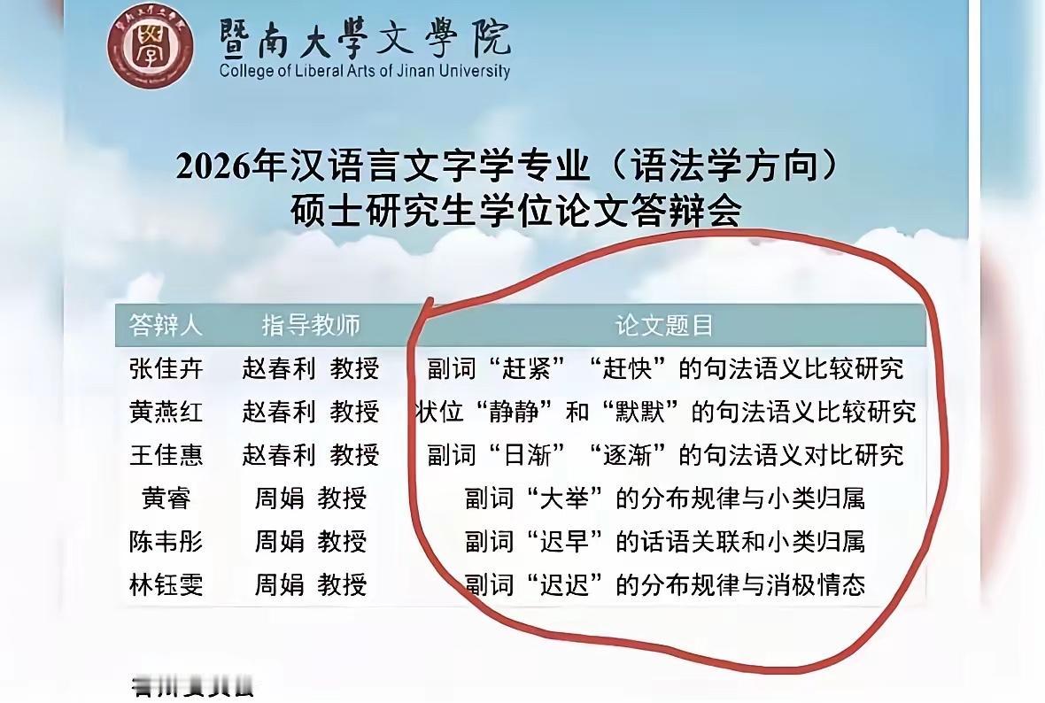 暨南大学汉语言文学硕士答辩题目一出来，给我整不会了。大家觉得研究的有意义吗？
