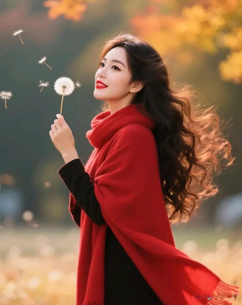 秋日暖阳下，红衣少女轻抚飘舞的蒲公英，感受自然的美好与宁静。🍂🌸💫