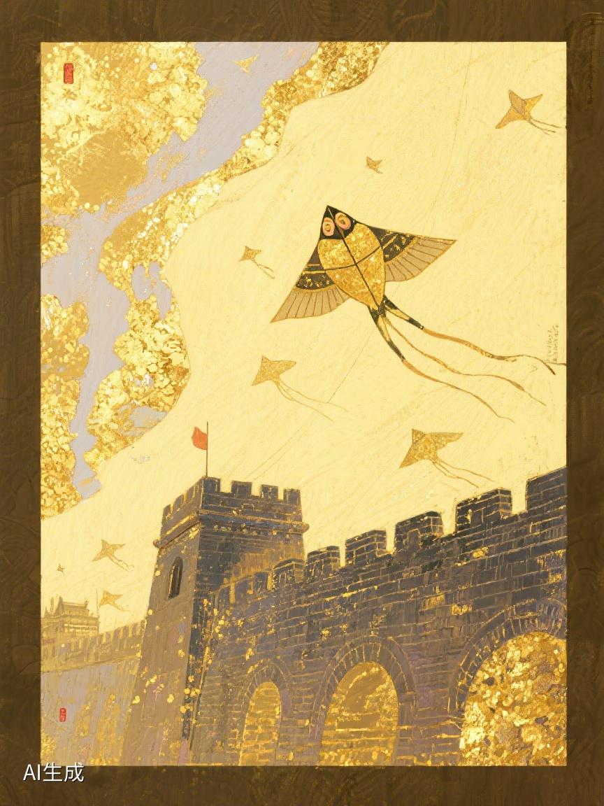 AI妙生图古老城墙屹立，金色风筝逐梦，于时光长河里，寻一抹自由与希望的微光✨