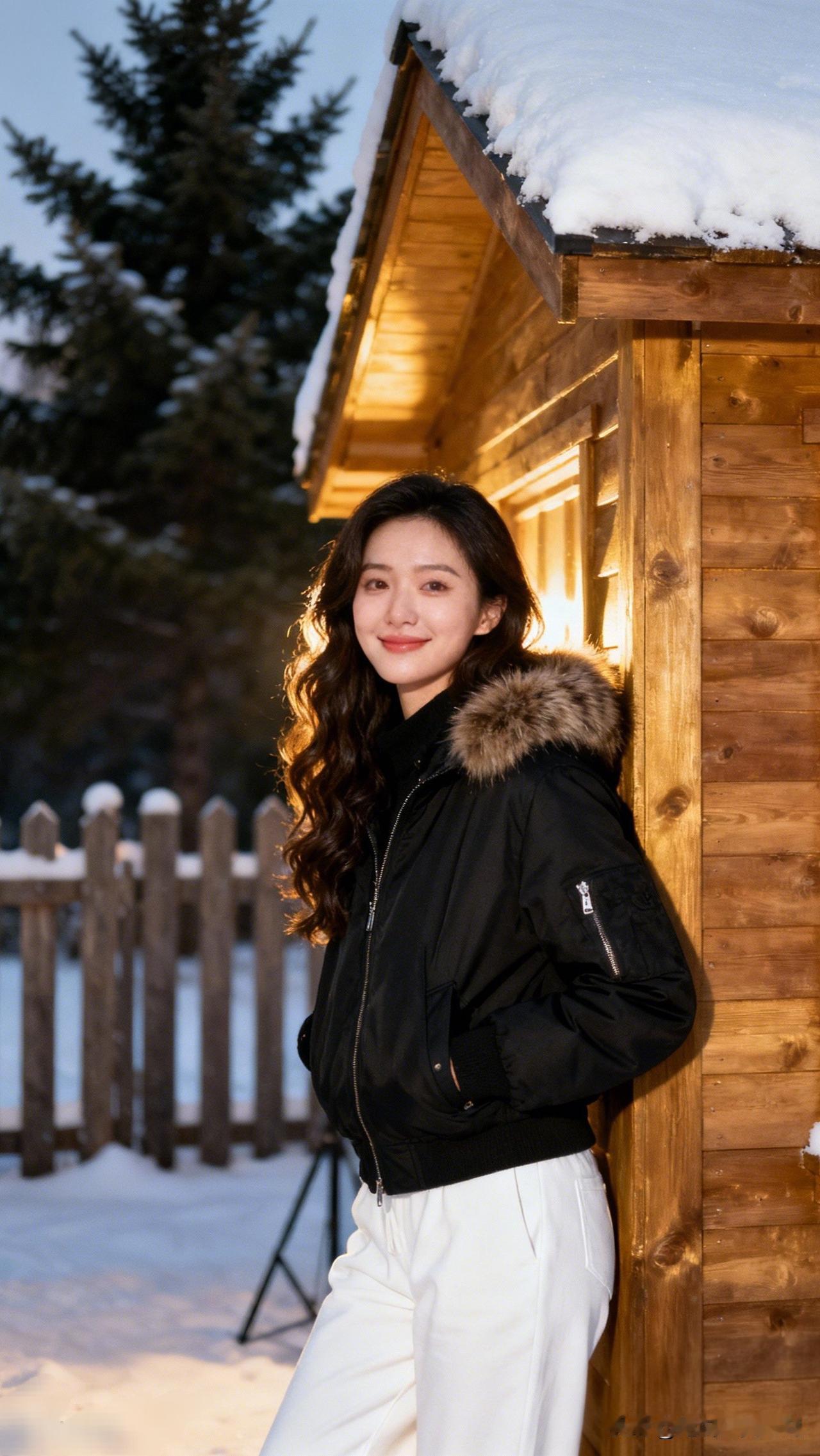 雪中倚木屋，笑语暖寒冬。旅游美照随手拍 冬日暖阳下的雪景自拍，温暖与寒冷的完美结