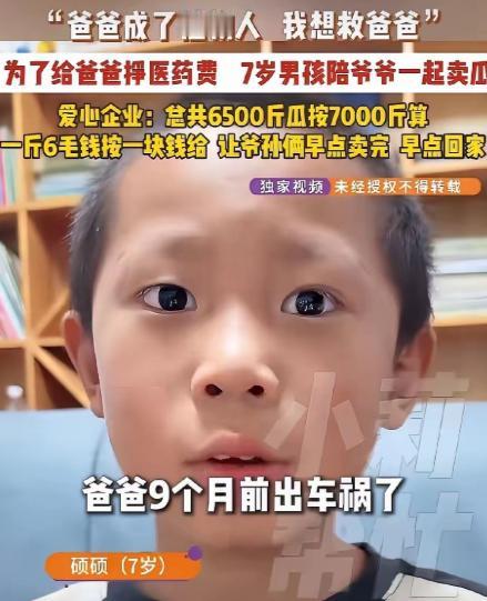 河南郑州，7岁男孩硕硕的父亲去年因车祸成了植物人，母亲早年离家。为给父亲凑医药费
