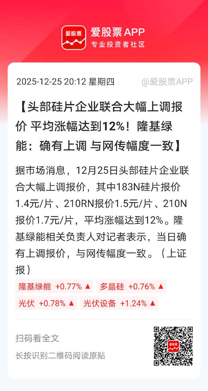 光伏又开始涨价了，硅片四巨头联手，平均涨幅达到12%！这并非本轮反内卷以来硅片首