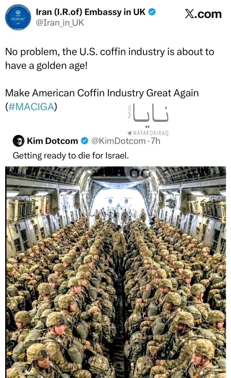 伊朗驻英国大使馆对一个“准备为以色列而死”的帖子发表评论：“没问题啊，美国的棺材